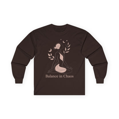 TEEZOCA balance in chaos modern spiritual art on unisex long-sleeve t-shirt Brown long-sleeve shirt with a graphic design and text 'Balance in Chaos' on a white background