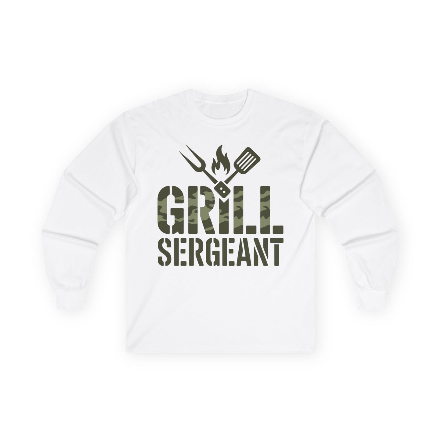 TEEZOCA barbecue themed camo text long-sleeve t-shirt White sweatshirt with 'Grill Sergeant' text and grill icons on a white background