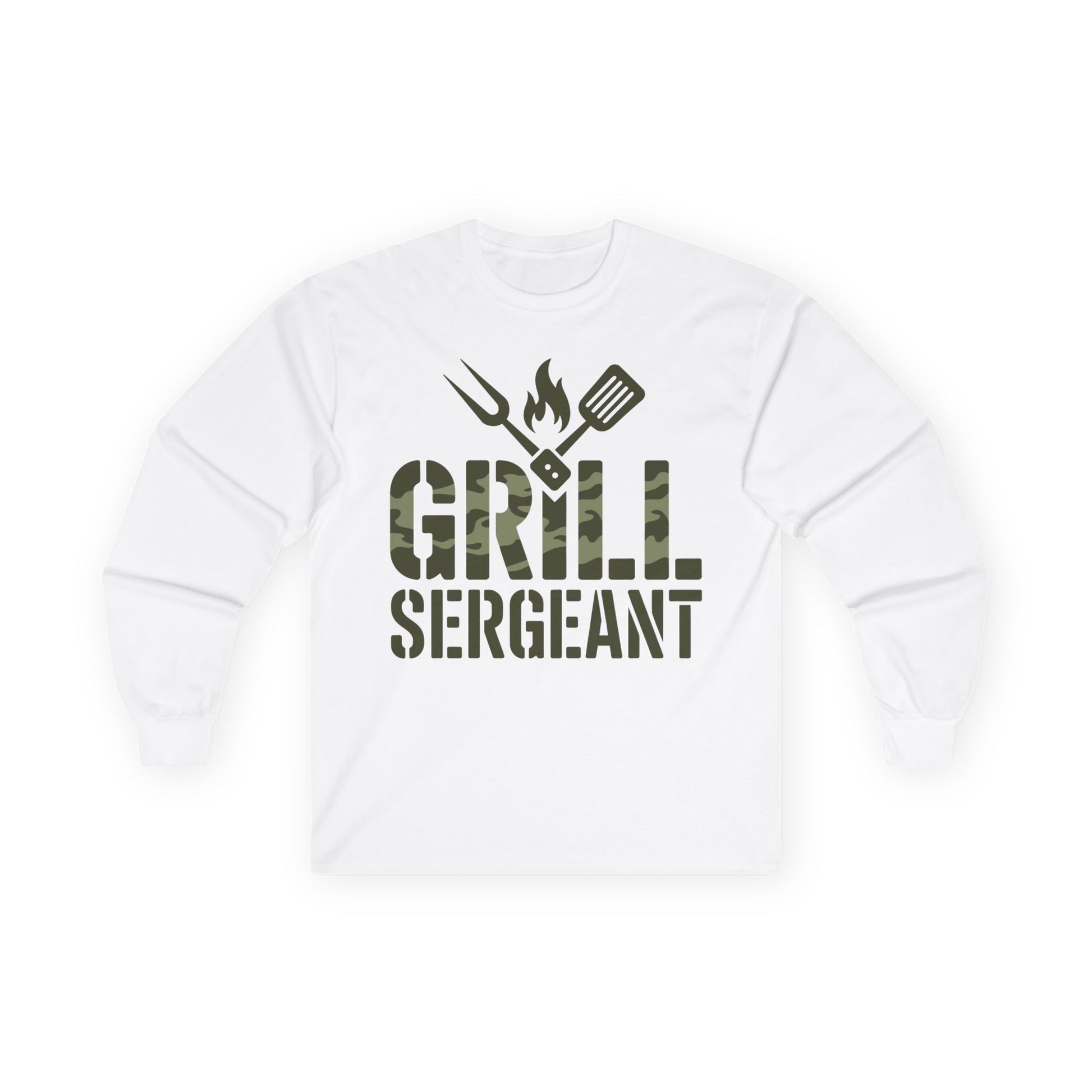 TEEZOCA barbecue themed camo text long-sleeve t-shirt White sweatshirt with 'Grill Sergeant' text and grill icons on a white background