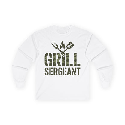 TEEZOCA barbecue themed camo text long-sleeve t-shirt White sweatshirt with 'Grill Sergeant' text and grill icons on a white background