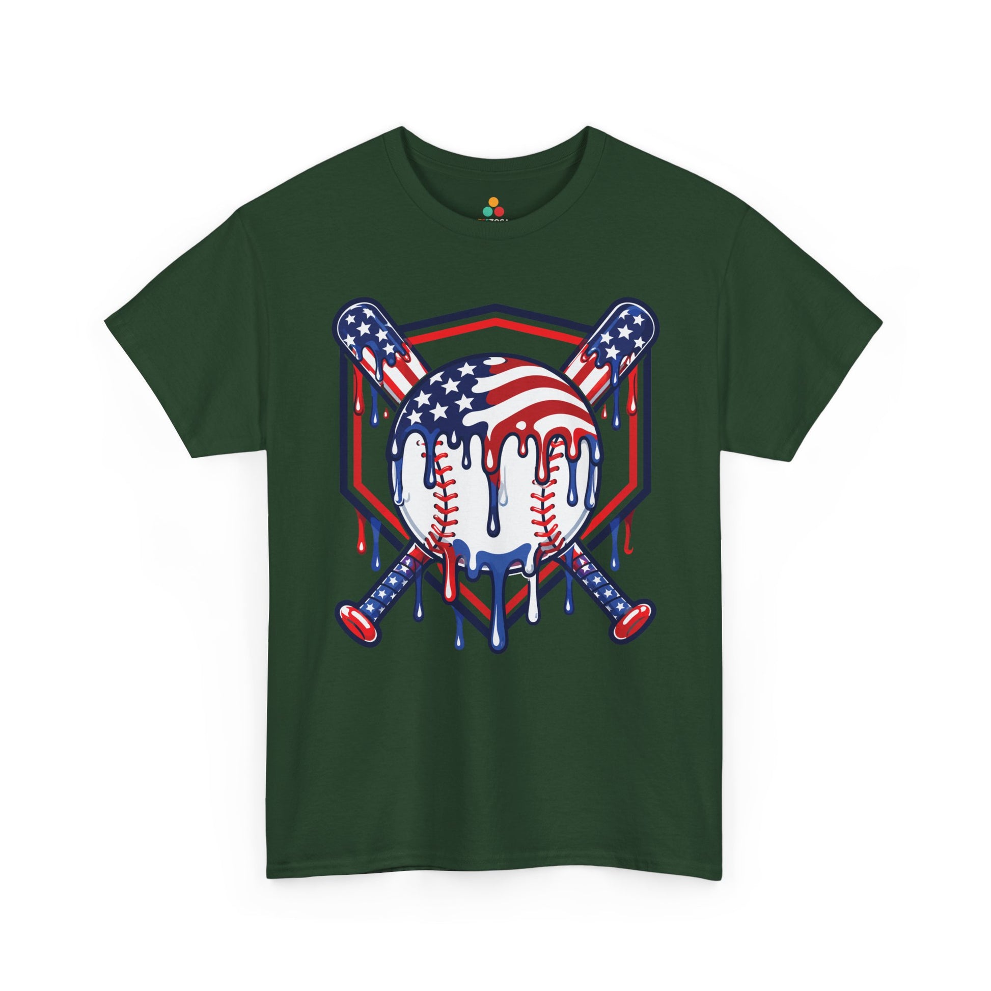 TEEZOCA baseball graphic tee design with dripping red, white, and blue baseball art for July 4 shirts.
