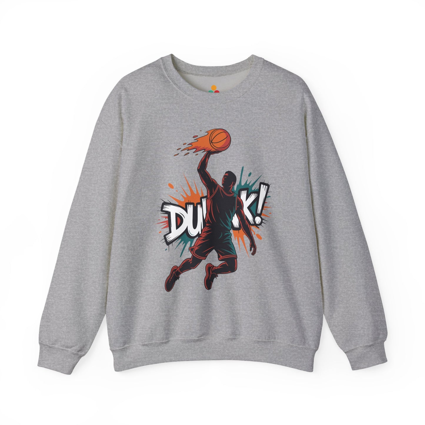 TEEZOCA basketball dunk sweatshirt with explosive street art slam dunk design Gray sweatshirt with a basketball player graphic and 'Dunk!' text on a white background