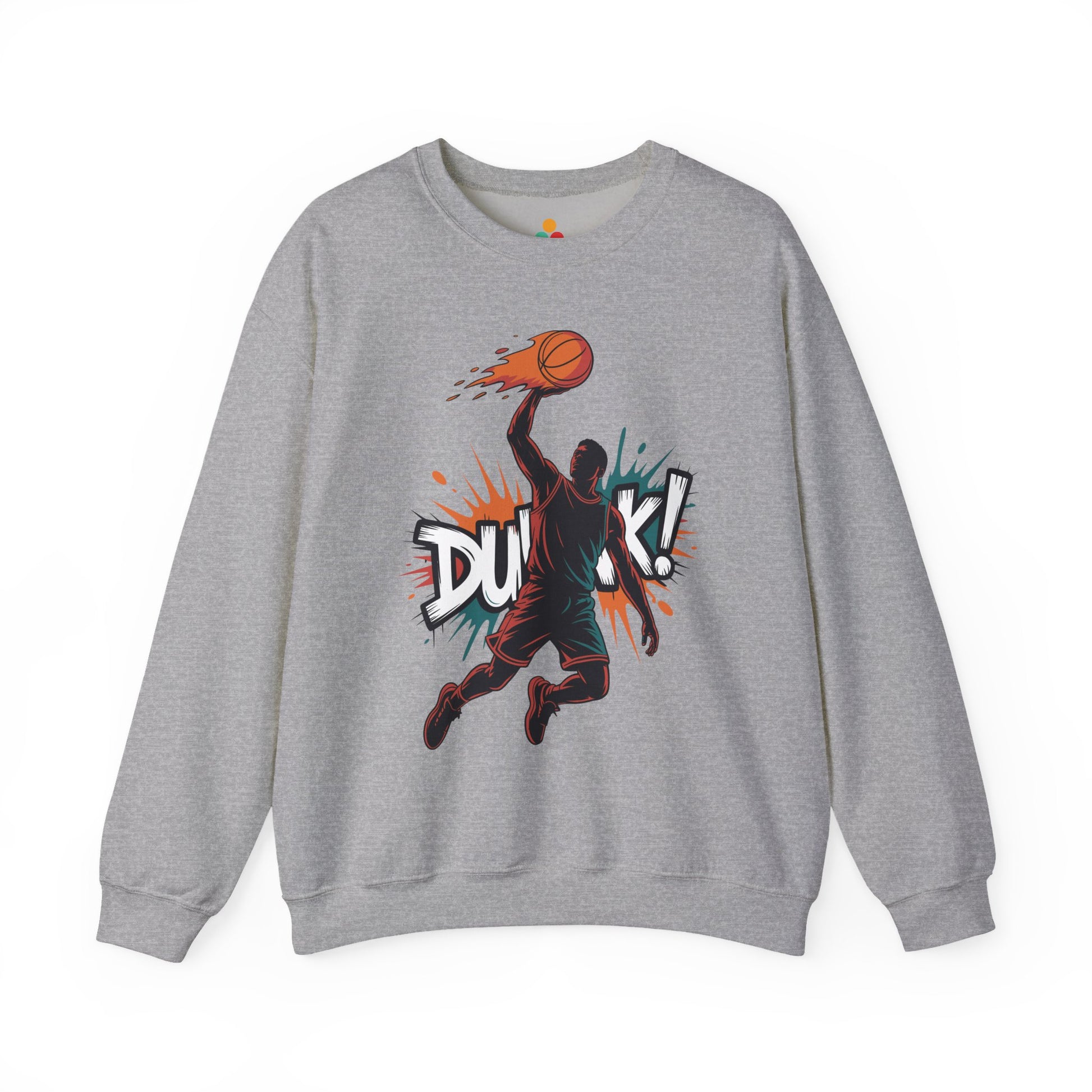 TEEZOCA basketball dunk sweatshirt with explosive street art slam dunk design Gray sweatshirt with a basketball player graphic and 'Dunk!' text on a white background