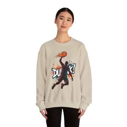 TEEZOCA basketball dunk sweatshirt with explosive street art slam dunk design Person wearing a beige sweatshirt with a basketball graphic and 'DUCK!' text on a white background