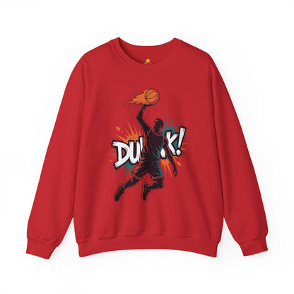 TEEZOCA basketball dunk sweatshirt with explosive street art slam dunk design Red sweatshirt with a basketball graphic and 'Dunk!' text on a white background