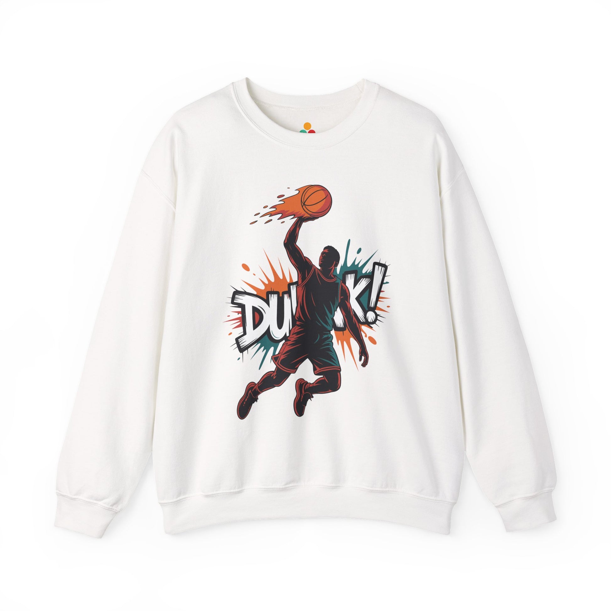 TEEZOCA basketball dunk sweatshirt with explosive street art slam dunk design White sweatshirt with a basketball player graphic and 'Dunk!' text on a white background