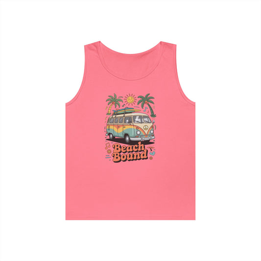 TEEZOCA beach bound Unisex Tank Top with retro van and surfboards design Beach Bound Unisex Tank Top for Retro Summer Vibes and Laid-Back Streetwear | TEEZOCA 