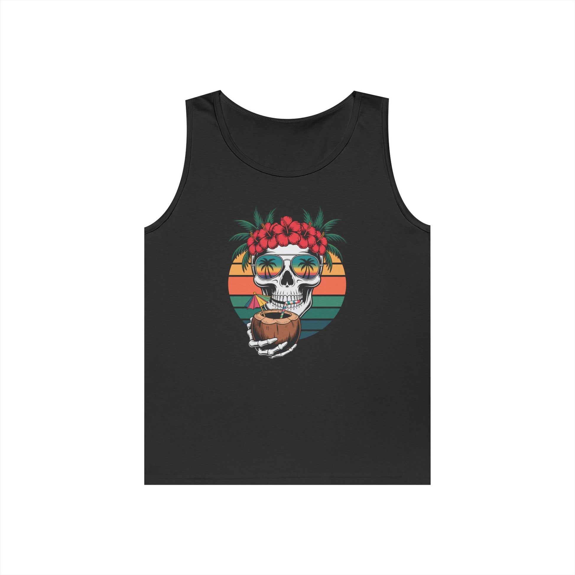 TEEZOCA beach graphic Unisex Tank Top featuring skull with coconut drink Tropical Skull Unisex Tank Top – Summer Beach Vibes Graphic Streetwear | TEEZOCA 
