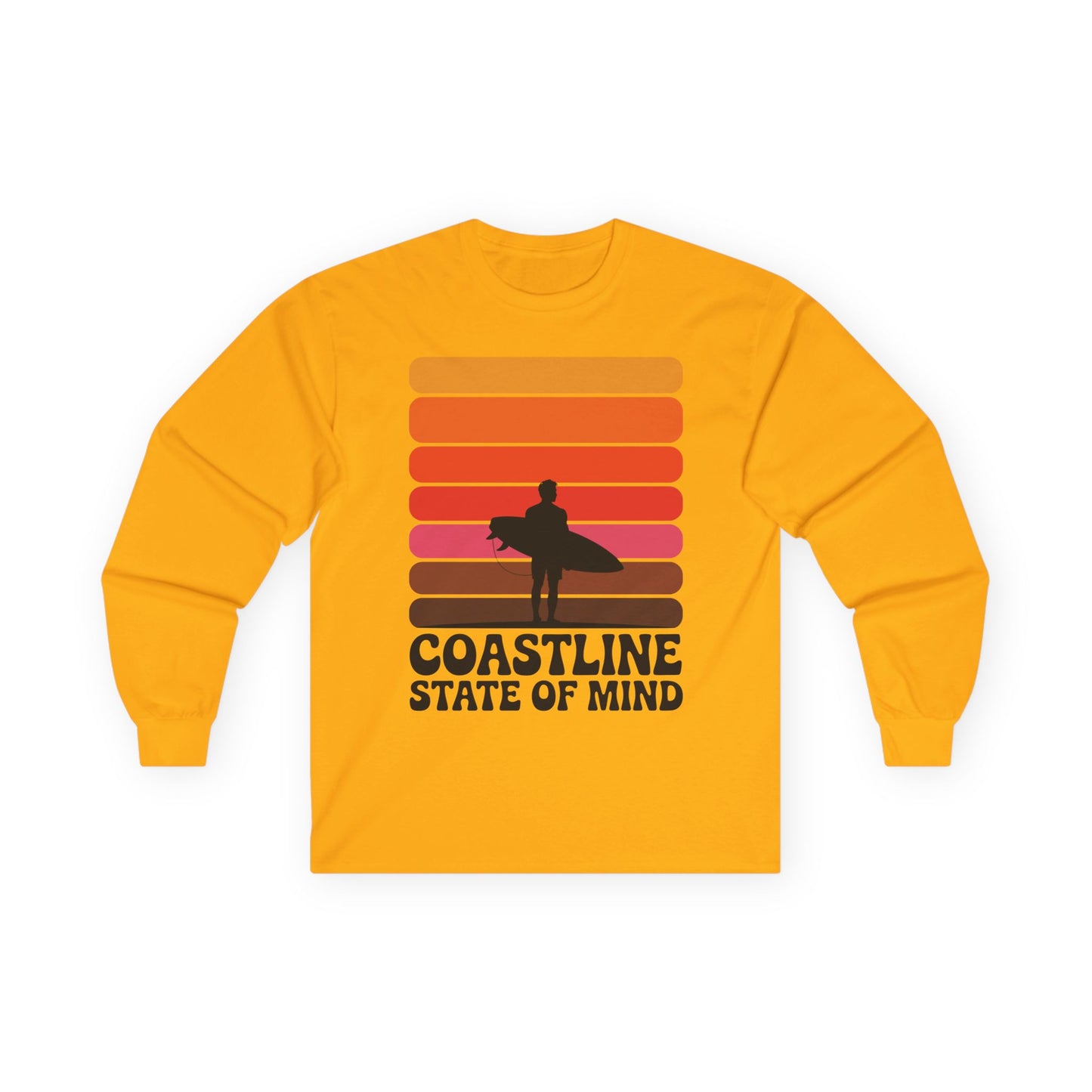 TEEZOCA beach lifestyle coastline unisex long-sleeve t-shirt Yellow long-sleeve shirt with a graphic design and text on a white background