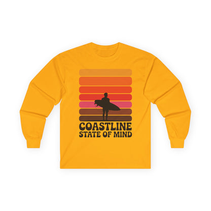 TEEZOCA beach lifestyle coastline unisex long-sleeve t-shirt Yellow long-sleeve shirt with a graphic design and text on a white background