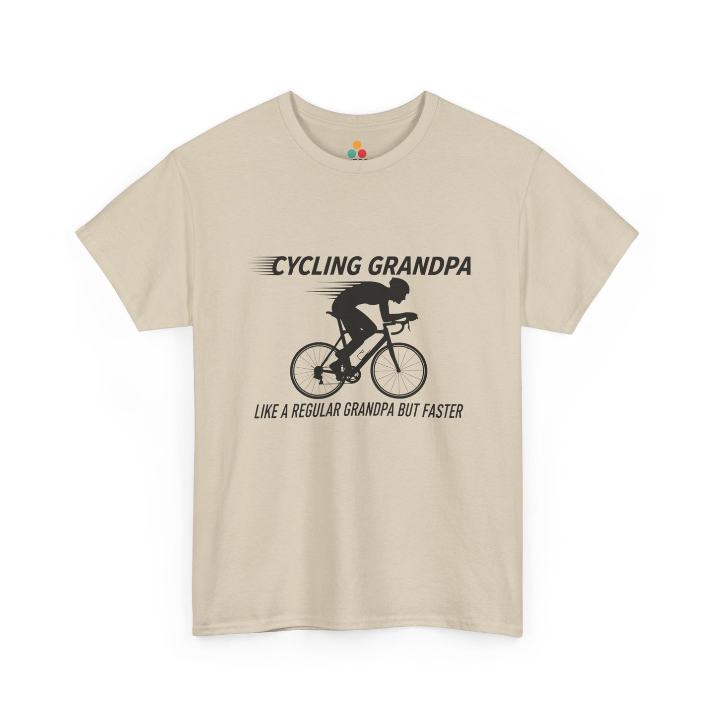 TEEZOCA beige “Cycling Grandpa” novelty biker grandpa t-shirt shown flat.