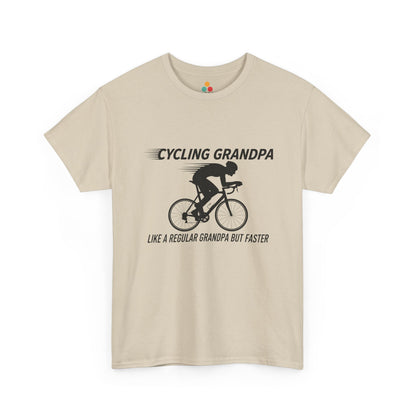 TEEZOCA beige “Cycling Grandpa” novelty biker grandpa t-shirt shown flat.