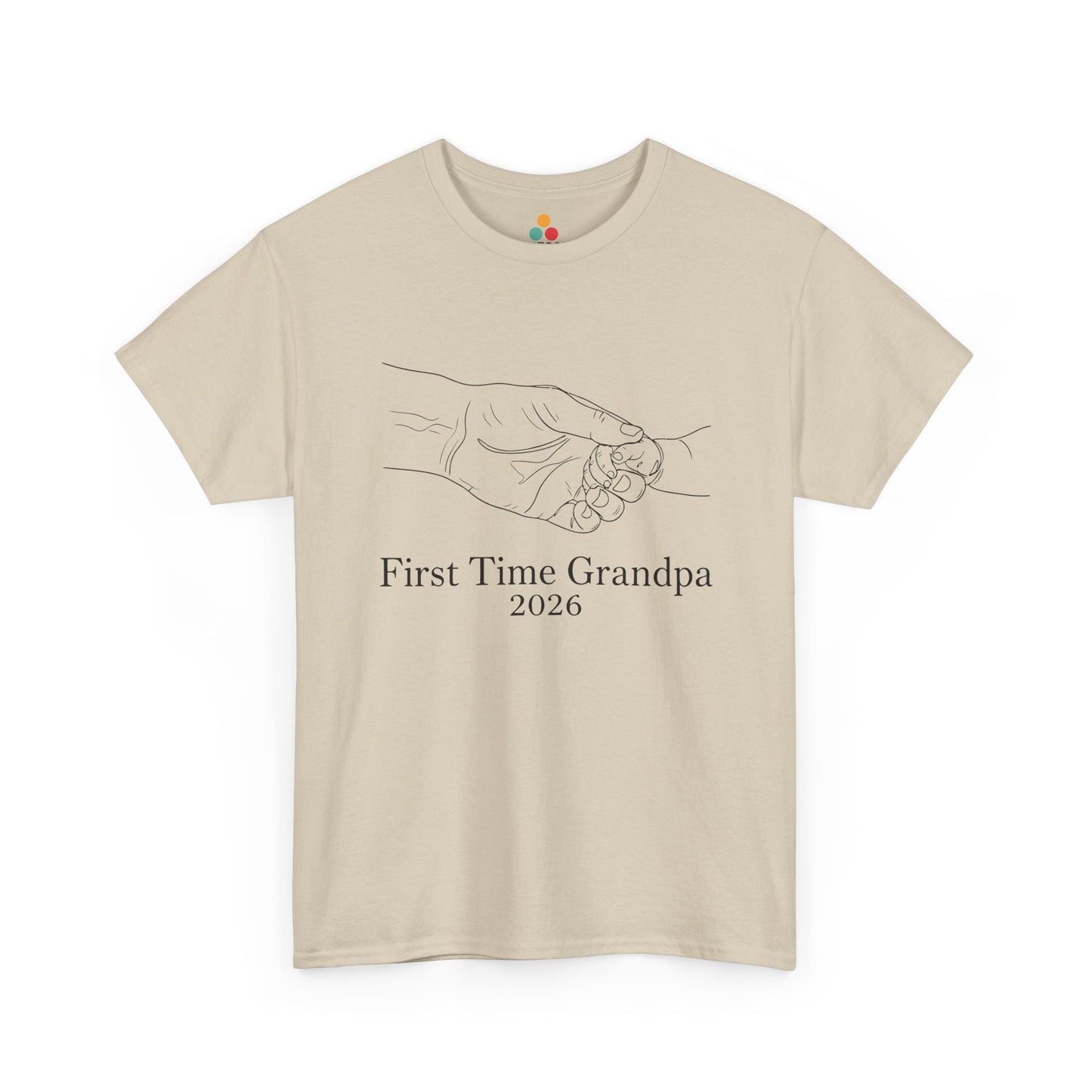 TEEZOCA beige “First Time Grandpa 2026” minimalist grandpa t-shirt shown flat.