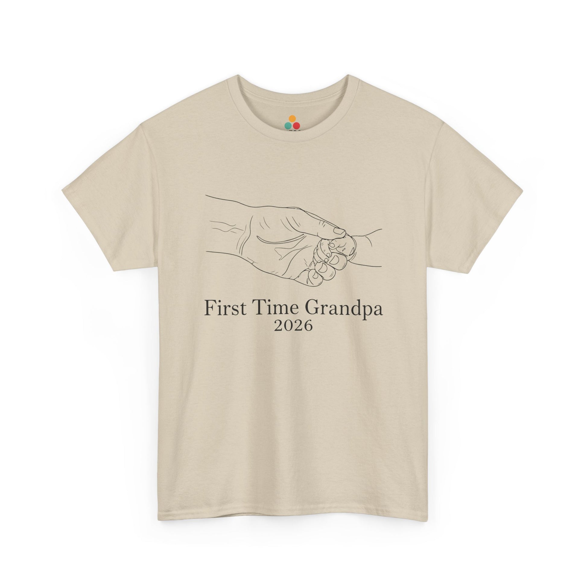 TEEZOCA beige “First Time Grandpa 2026” minimalist grandpa t-shirt shown flat.