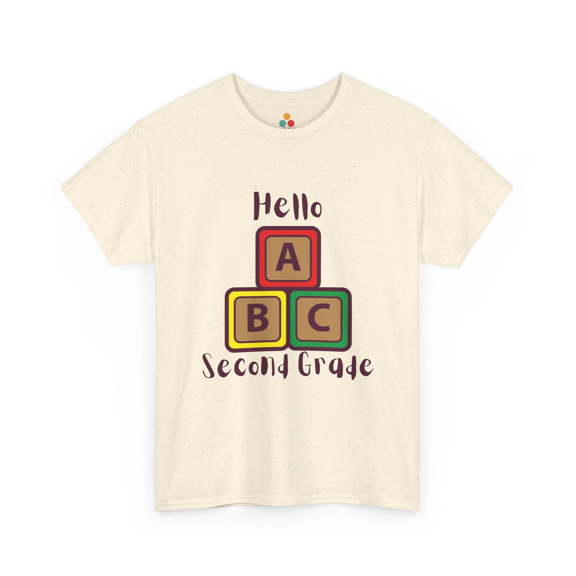 TEEZOCA beige "Hello Second Grade" ABC blocks graphic t-shirt shown flat.