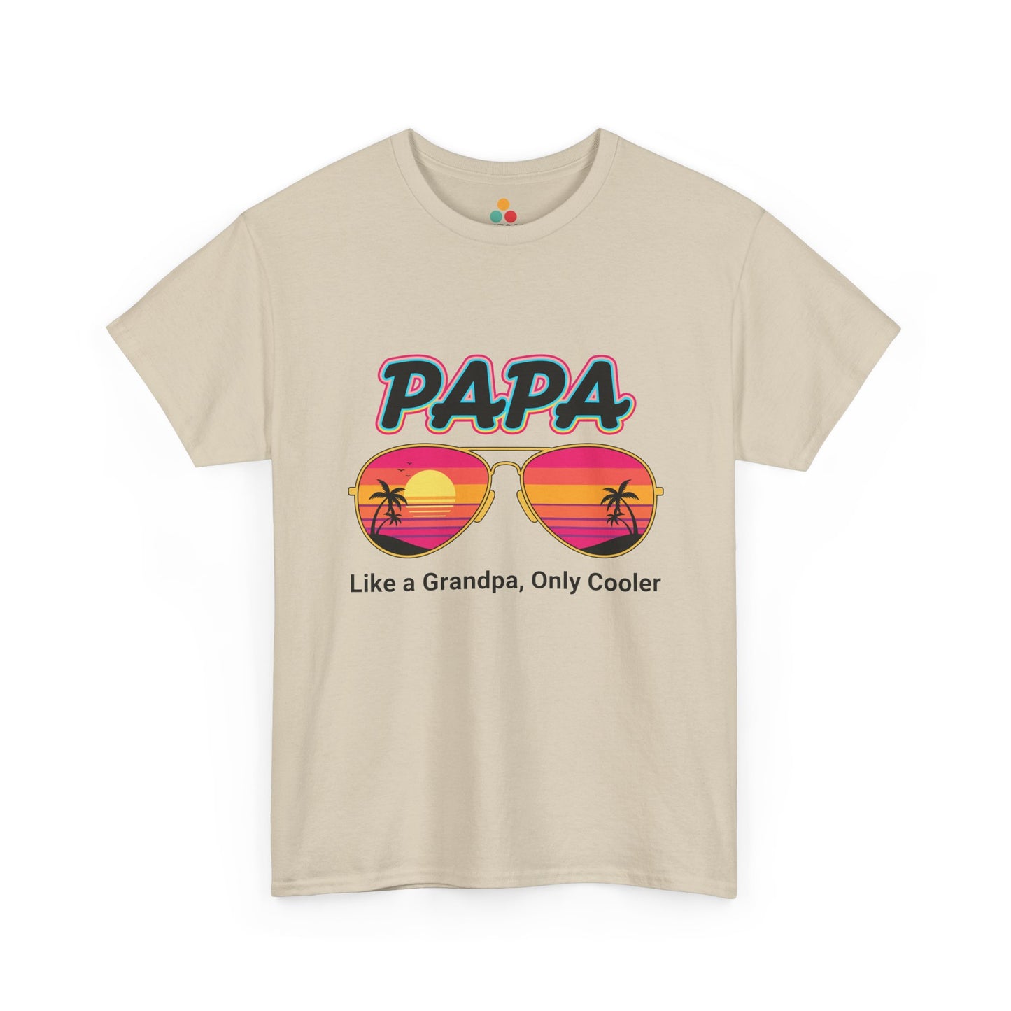 TEEZOCA beige “Papa” sunset sunglasses graphic tee shown flat.