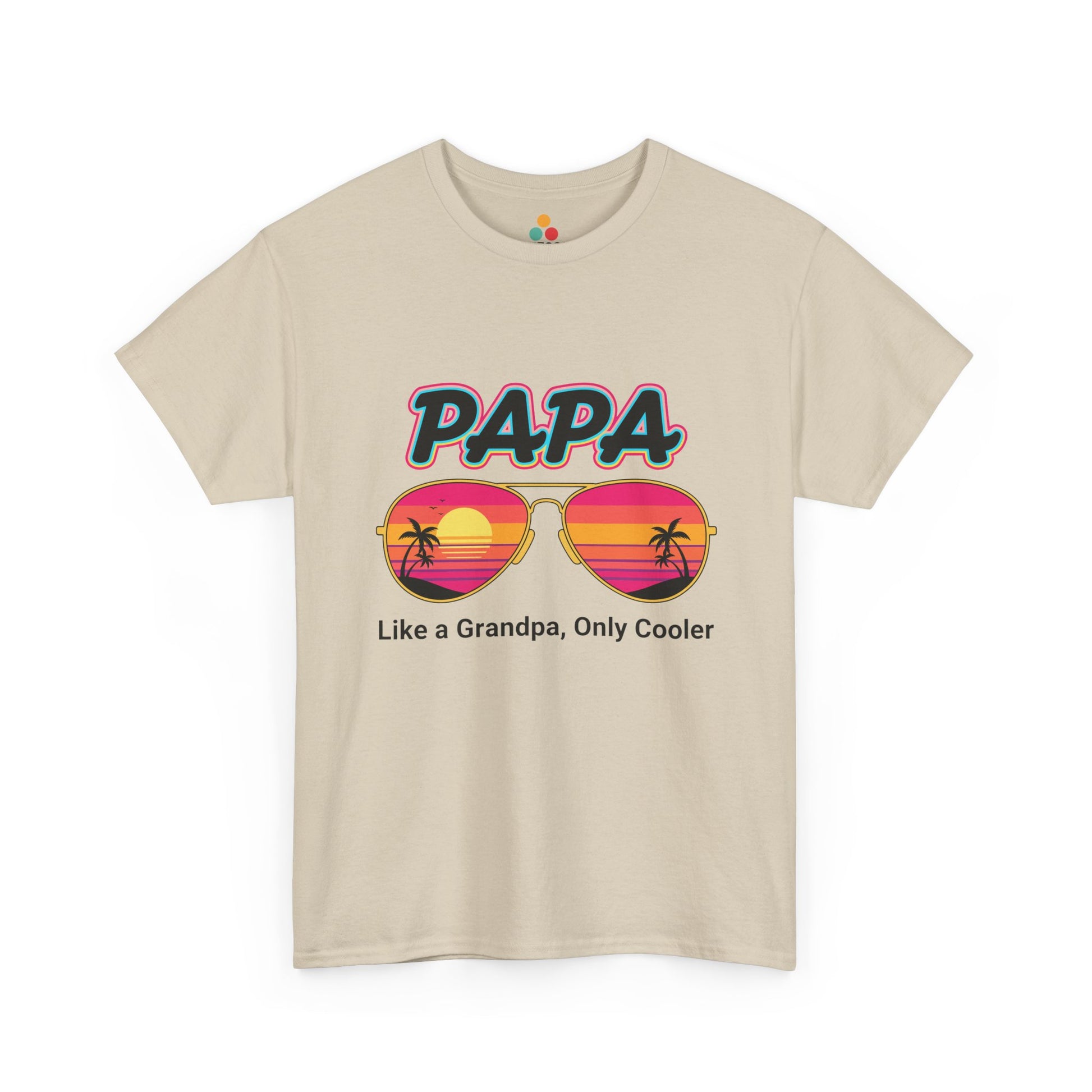 TEEZOCA beige “Papa” sunset sunglasses graphic tee shown flat.
