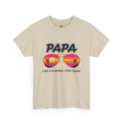 TEEZOCA beige “Papa” sunset sunglasses graphic tee shown flat.
