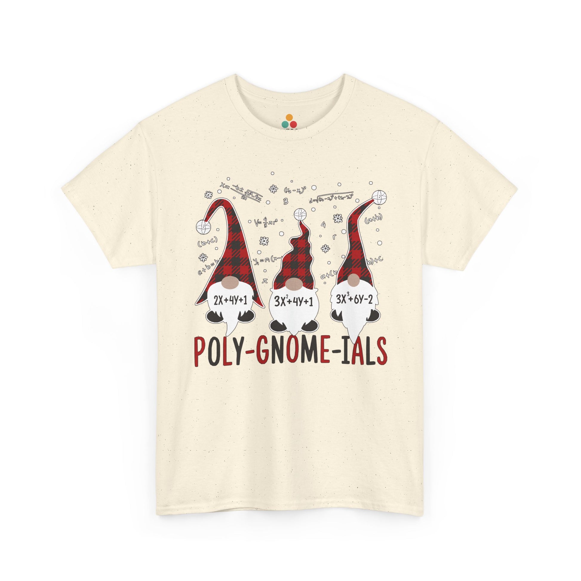 TEEZOCA beige "Poly-Gnome-ials" funny math gnome graphic t-shirt shown flat.