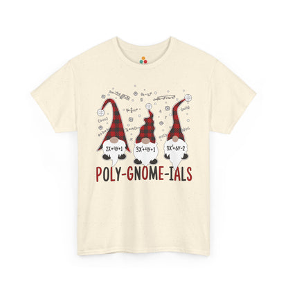 TEEZOCA beige "Poly-Gnome-ials" funny math gnome graphic t-shirt shown flat.