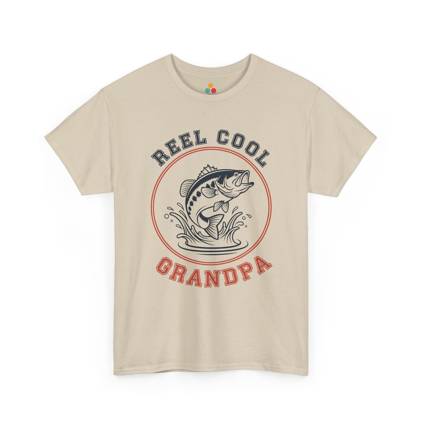 TEEZOCA beige “Reel Cool Grandpa” jumping fish emblem t-shirt shown flat.
