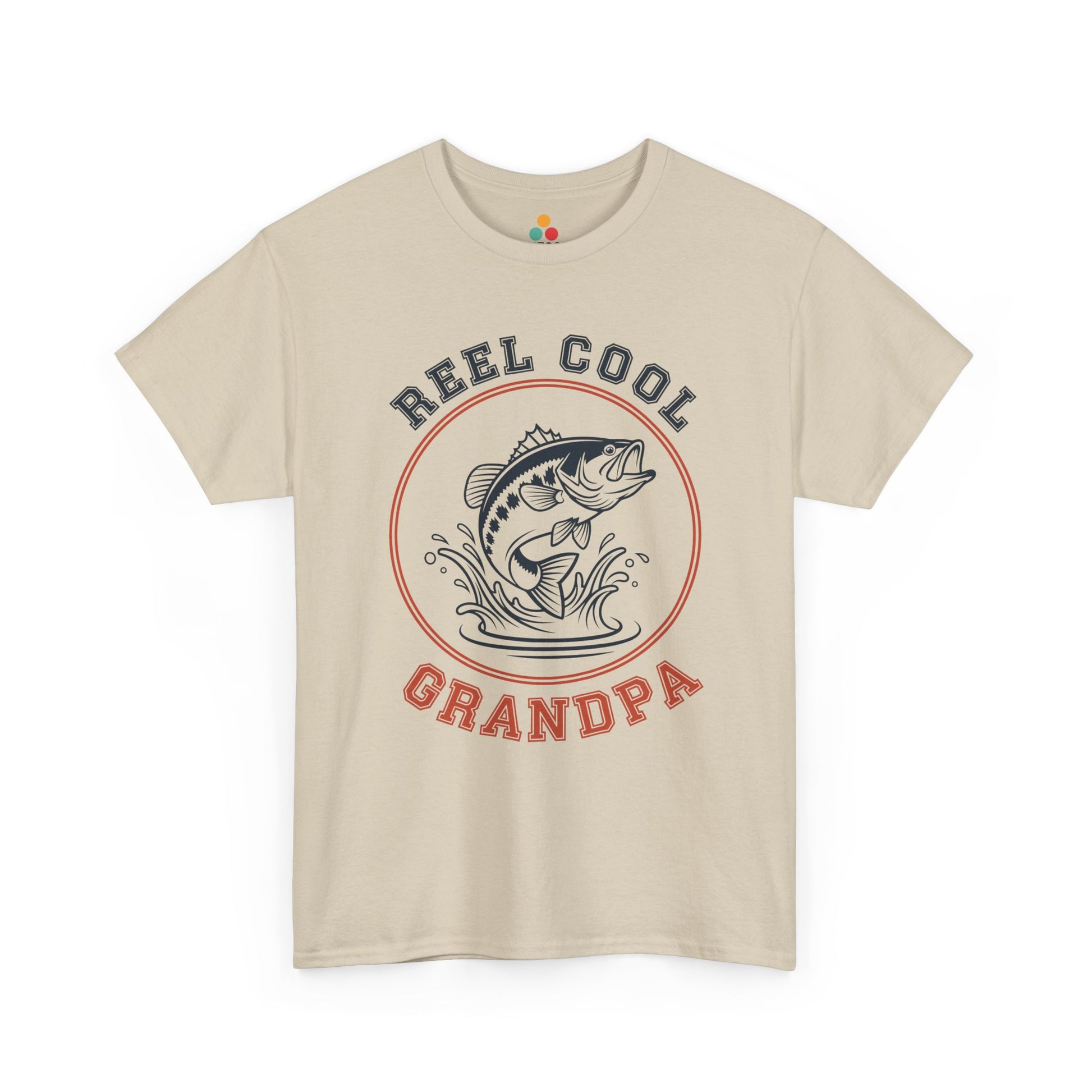TEEZOCA beige “Reel Cool Grandpa” jumping fish emblem t-shirt shown flat.
