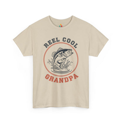 TEEZOCA beige “Reel Cool Grandpa” jumping fish emblem t-shirt shown flat.
