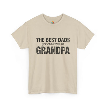 TEEZOCA beige “The Best Dads Get Promoted to Grandpa” funny grandpa gift t-shirt shown flat.