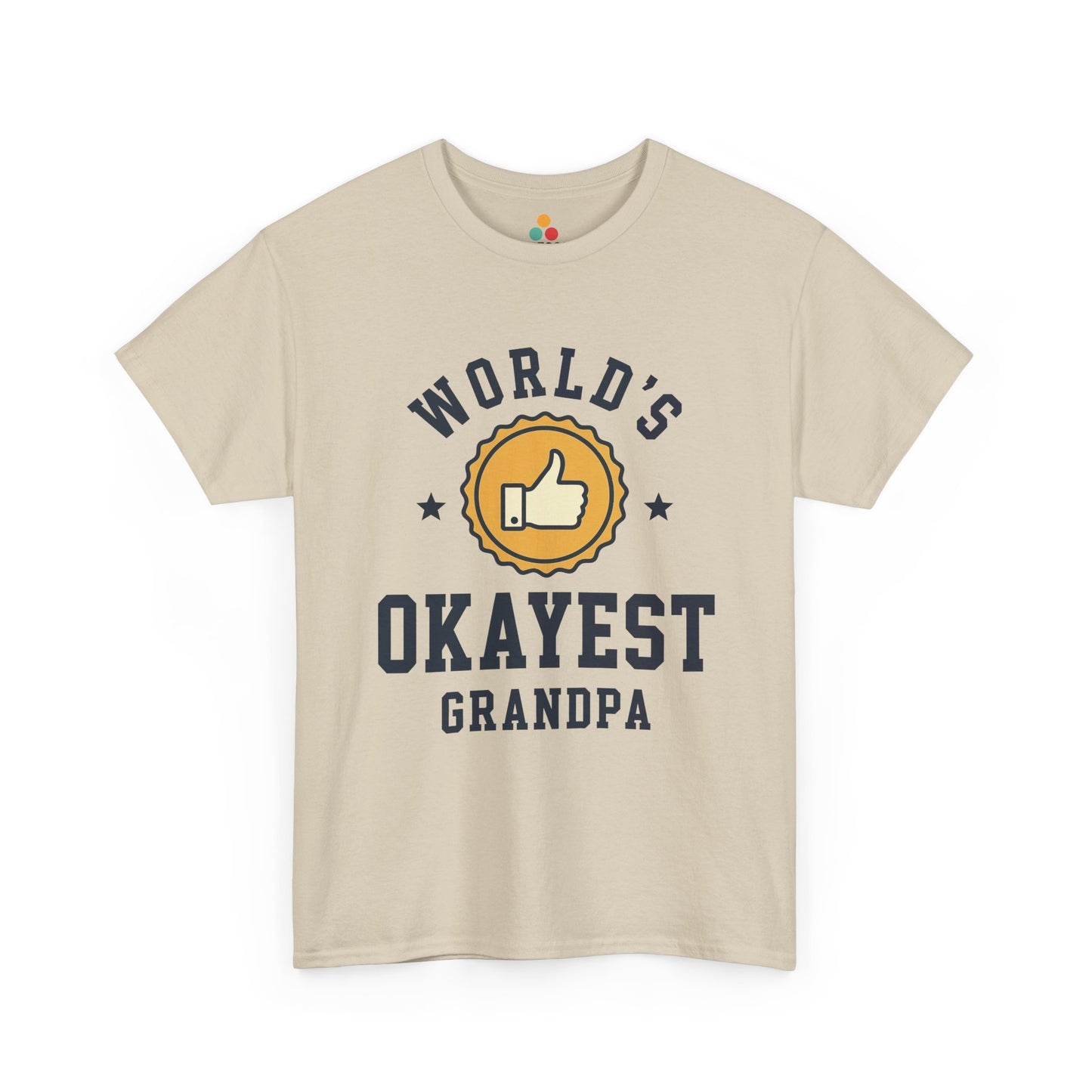 TEEZOCA beige “World’s Okayest Grandpa” funny award-style t-shirt shown flat.