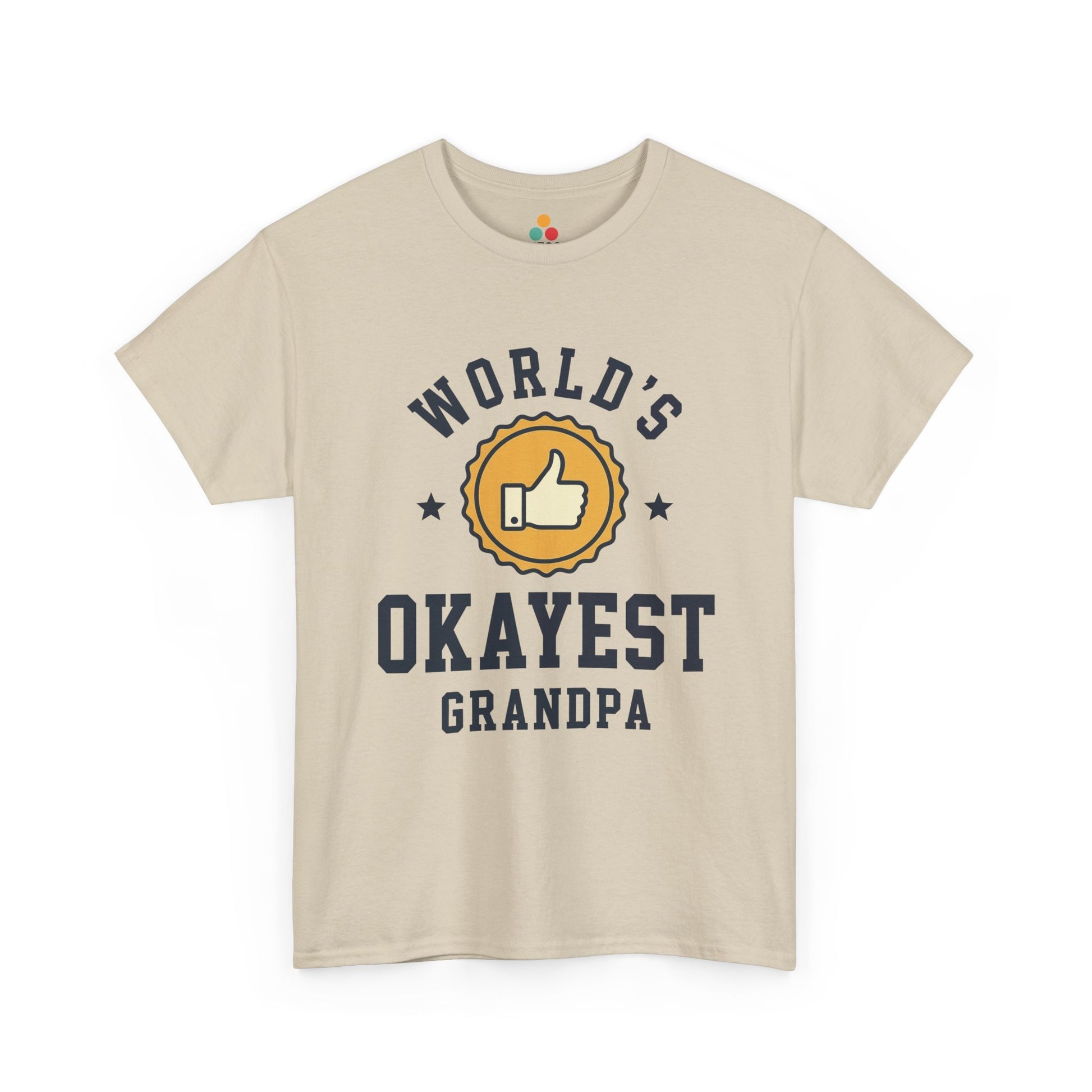 TEEZOCA beige “World’s Okayest Grandpa” funny award-style t-shirt shown flat.
