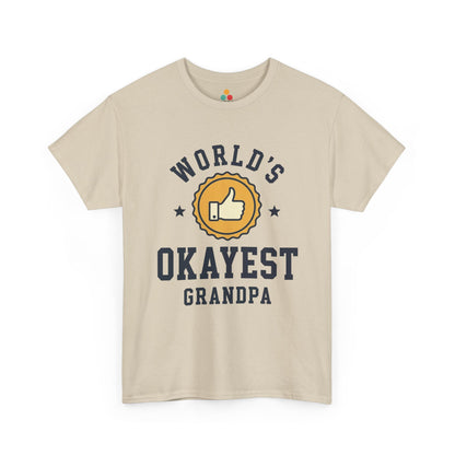 TEEZOCA beige “World’s Okayest Grandpa” funny award-style t-shirt shown flat.