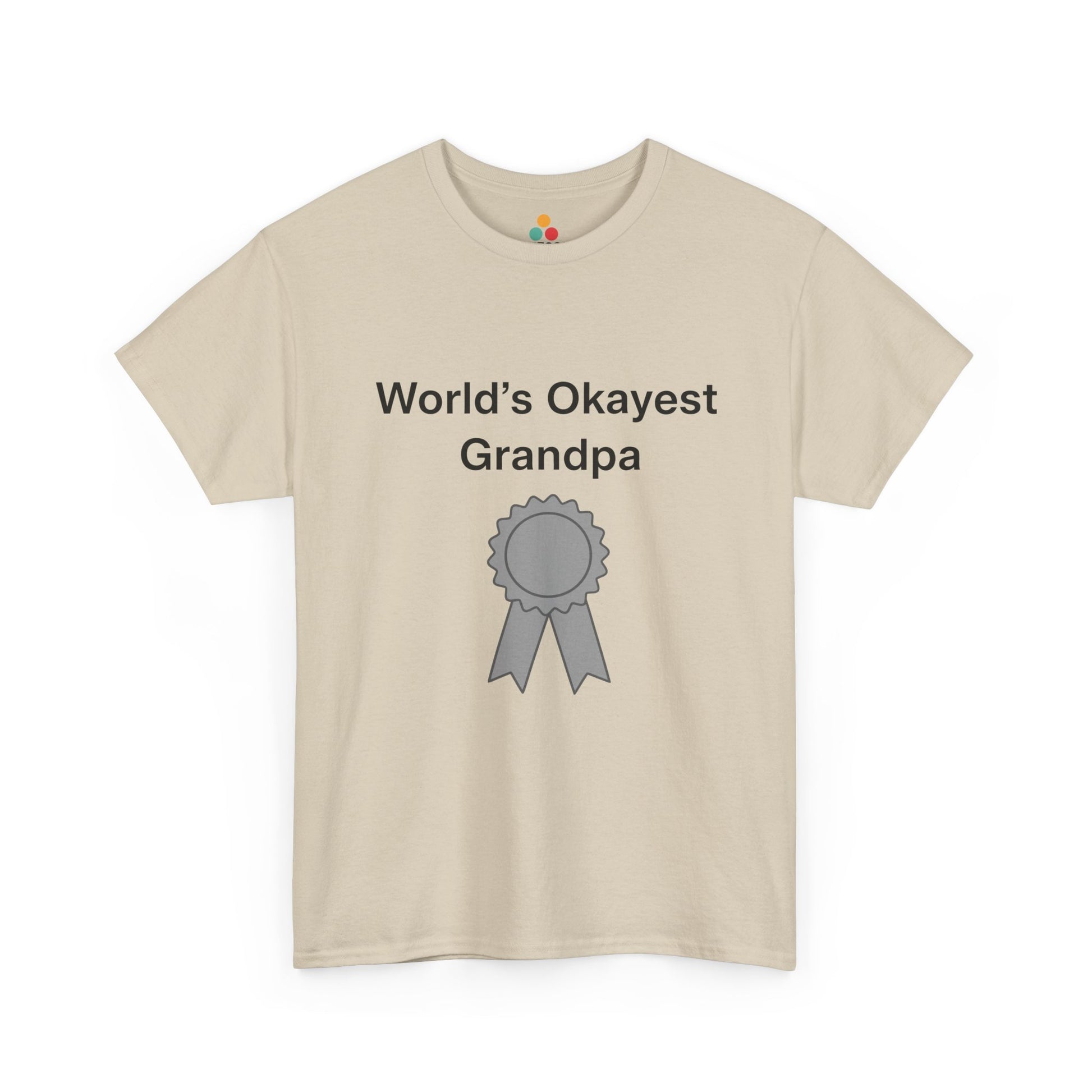 TEEZOCA beige “World’s Okayest Grandpa” funny grandpa t-shirt shown flat.