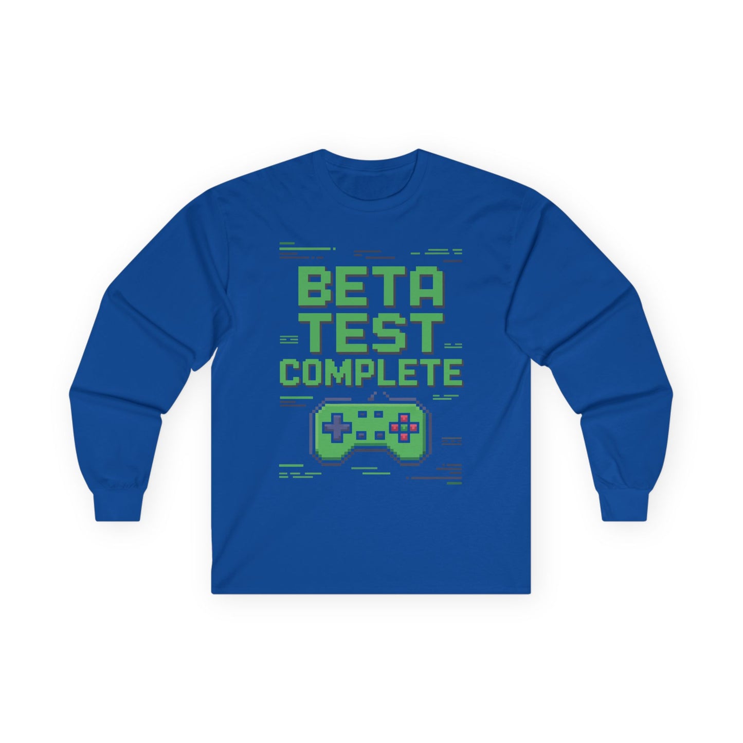 TEEZOCA beta test complete unisex long-sleeve t-shirt Blue long-sleeve shirt with 'Beta Test Complete' text and game controller graphic on a white background