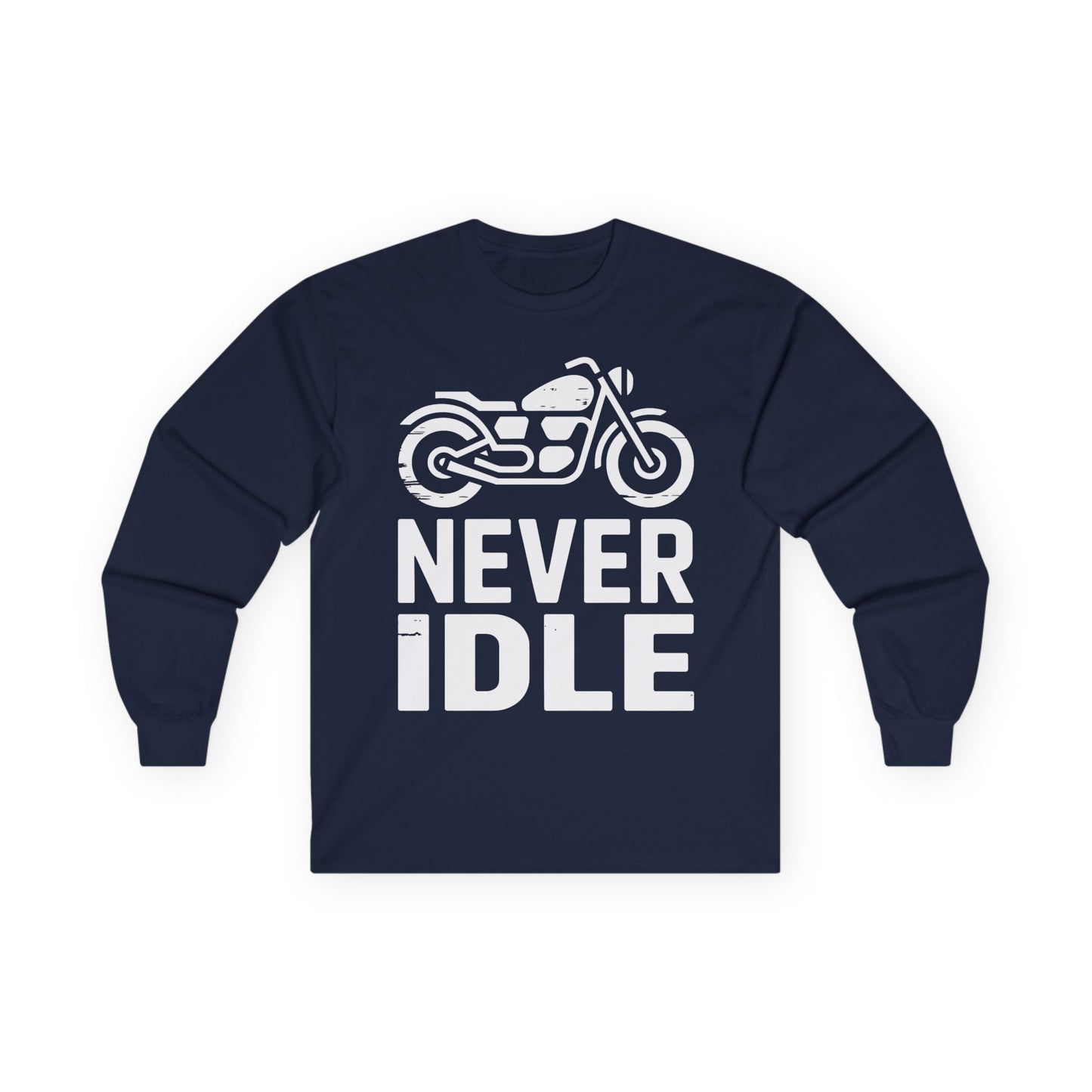 TEEZOCA biker lifestyle graphic unisex long-sleeve shirt Navy blue long-sleeve shirt with a motorcycle graphic and 'Never Idle' text on a white background