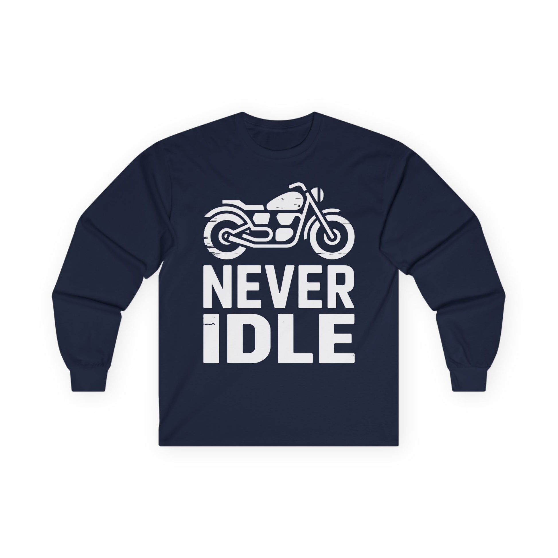 TEEZOCA biker lifestyle graphic unisex long-sleeve shirt Navy blue long-sleeve shirt with a motorcycle graphic and 'Never Idle' text on a white background