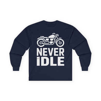 TEEZOCA biker lifestyle graphic unisex long-sleeve shirt Navy blue long-sleeve shirt with a motorcycle graphic and 'Never Idle' text on a white background