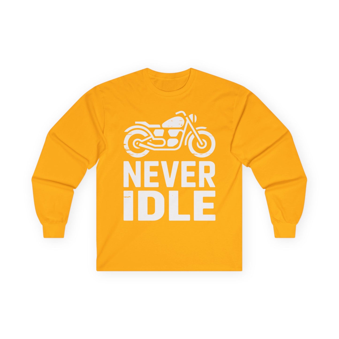 TEEZOCA biker lifestyle graphic unisex long-sleeve shirt Yellow long-sleeve shirt with a motorcycle graphic and 'Never Idle' text on a white background
