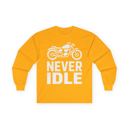 TEEZOCA biker lifestyle graphic unisex long-sleeve shirt Yellow long-sleeve shirt with a motorcycle graphic and 'Never Idle' text on a white background