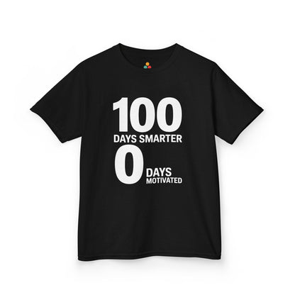 TEEZOCA black “100 Days Smarter 0 Days Motivated” graphic t‑shirt shown flat.