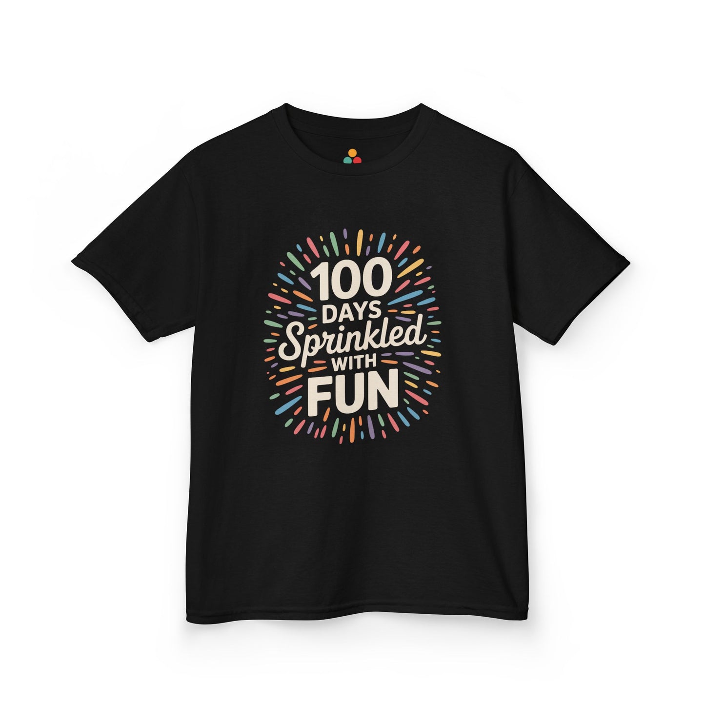 TEEZOCA black “100 Days Sprinkled With Fun” kids graphic t‑shirt shown flat.