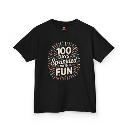 TEEZOCA black “100 Days Sprinkled With Fun” kids graphic t‑shirt shown flat.