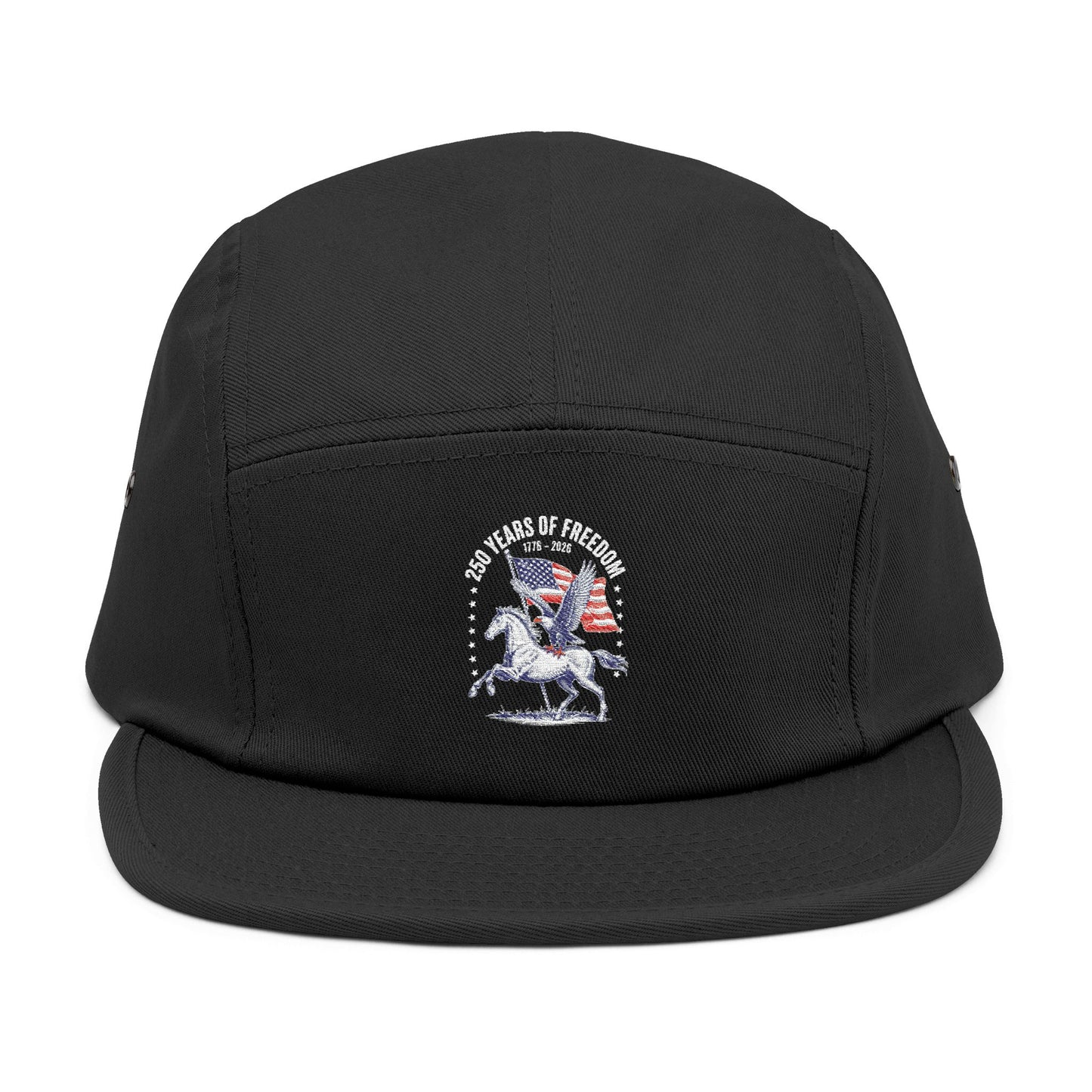 TEEZOCA black 5-panel cap with "250 Years of Freedom 1776–2026" americana circle design, flat lay view.