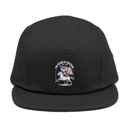 TEEZOCA black 5-panel cap with "250 Years of Freedom 1776–2026" americana circle design, flat lay view.