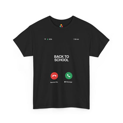 TEEZOCA black “Back To School” phone reminder graphic T-shirt shown flat.