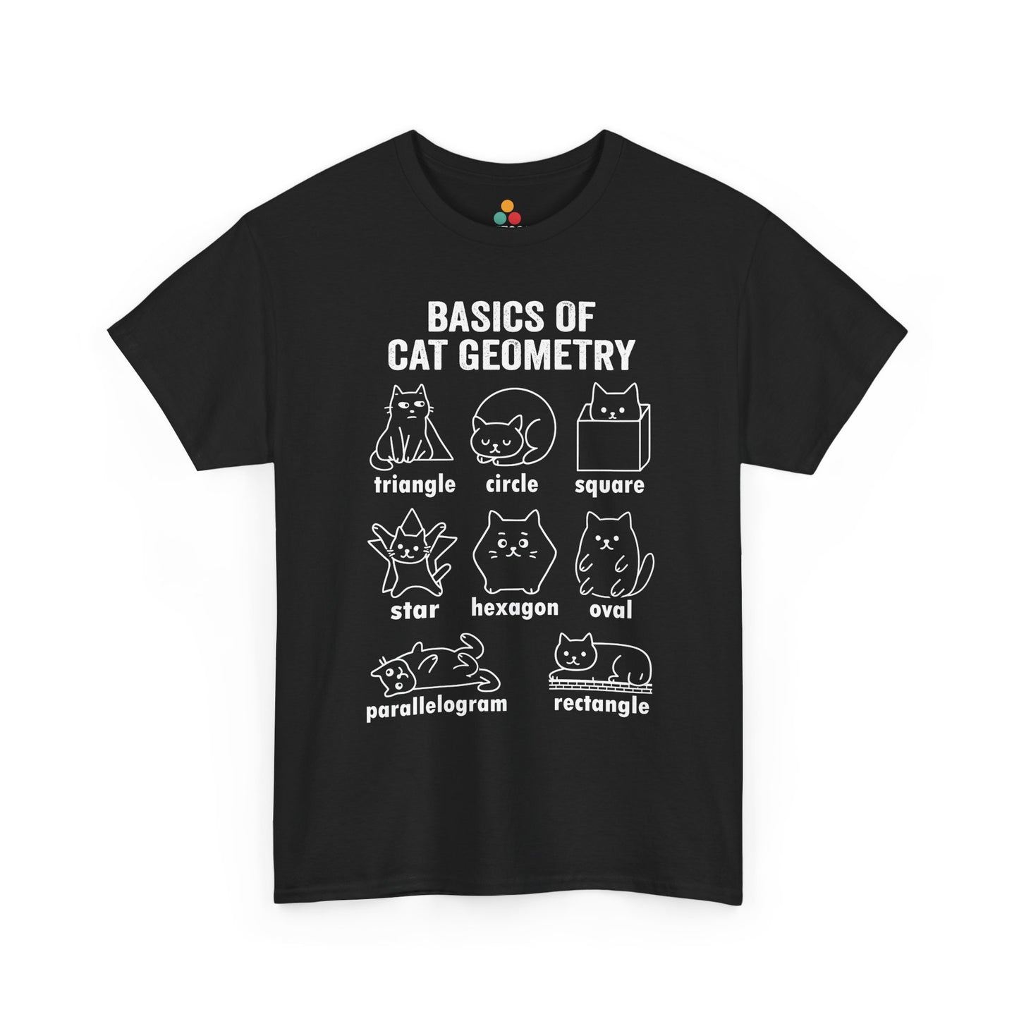 TEEZOCA black "Basics of Cat Geometry" funny cat graphic T-shirt shown flat, front view. Cat Geometry Funny Math Shapes Teacher Student Lover Dad Mom Back School T-Shirt