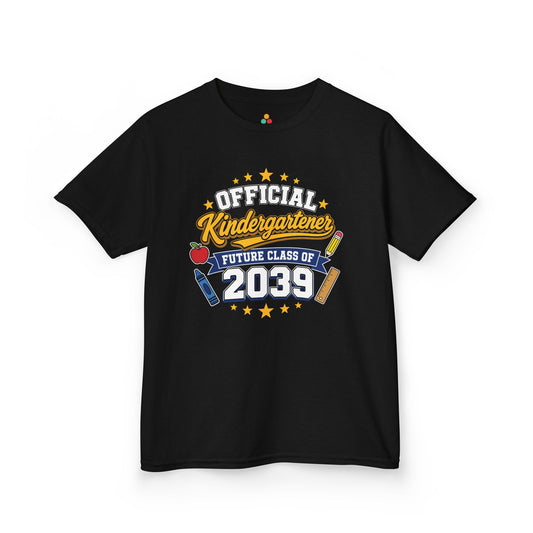 TEEZOCA black Future Class of 2039 kids shirt laid flat, Official Kindergartener lettering with a banner and stars, a keepsake back to school tee.
