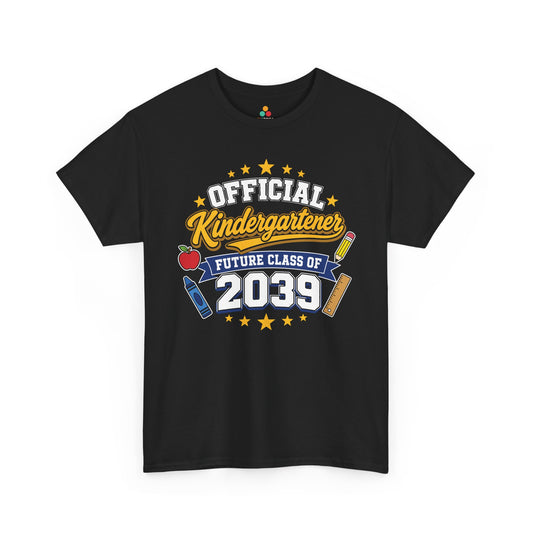 TEEZOCA black Future Class of 2039 shirt laid flat, Official Kindergartener lettering with a banner and stars, a keepsake back to school tee.
