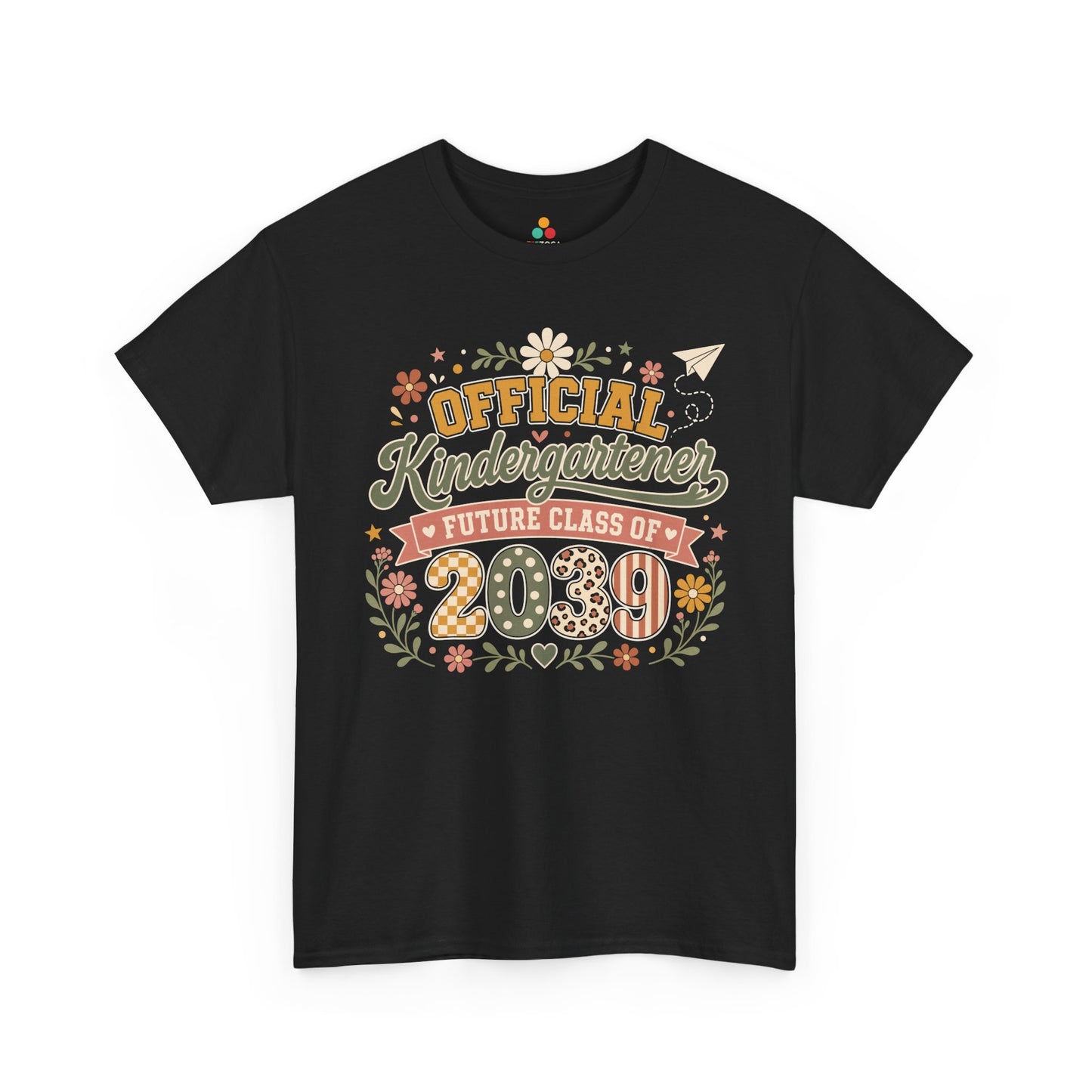 TEEZOCA black Future Class of 2039 shirt laid flat, boho Official Kindergartener lettering with a floral wreath, a keepsake back to school tee.
