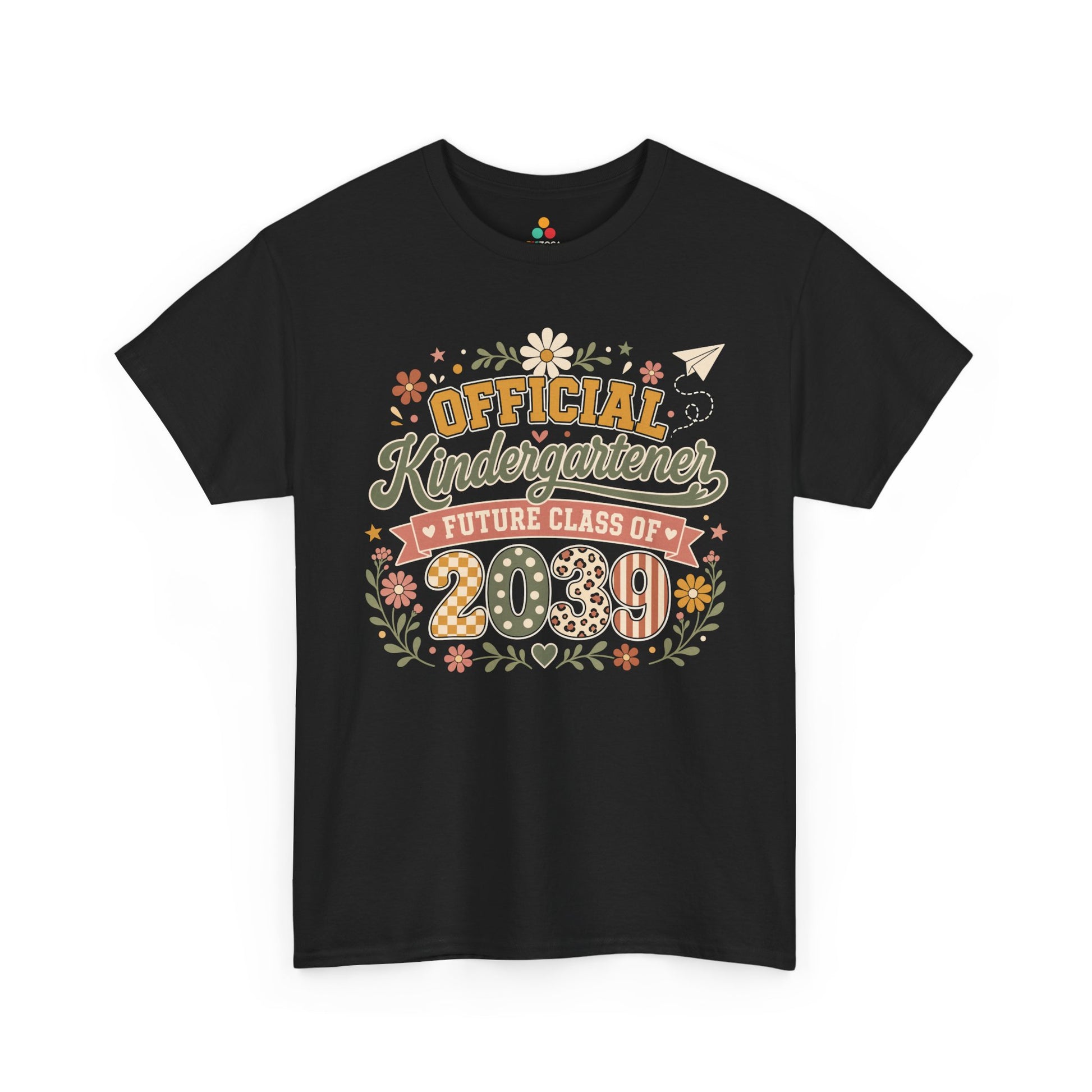 TEEZOCA black Future Class of 2039 shirt laid flat, boho Official Kindergartener lettering with a floral wreath, a keepsake back to school tee.
