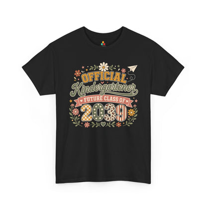 TEEZOCA black Future Class of 2039 shirt laid flat, boho Official Kindergartener lettering with a floral wreath, a keepsake back to school tee.
